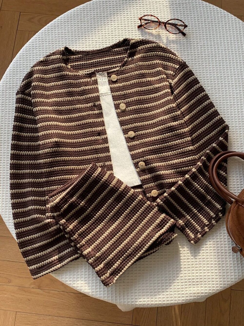 Brown Casual Women's Striped Long Sleeve Single-Breasted Top And Shorts Set - Picture 6 of 6